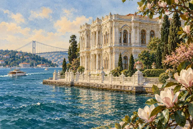 Beylerbeyi Sarayı ve Boğaz’dan esinlenen saray illüstrasyonu
