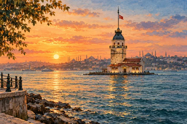 Salacak’tan Kız Kulesi’ne gün batımı manzarasını yorumlayan illüstrasyon