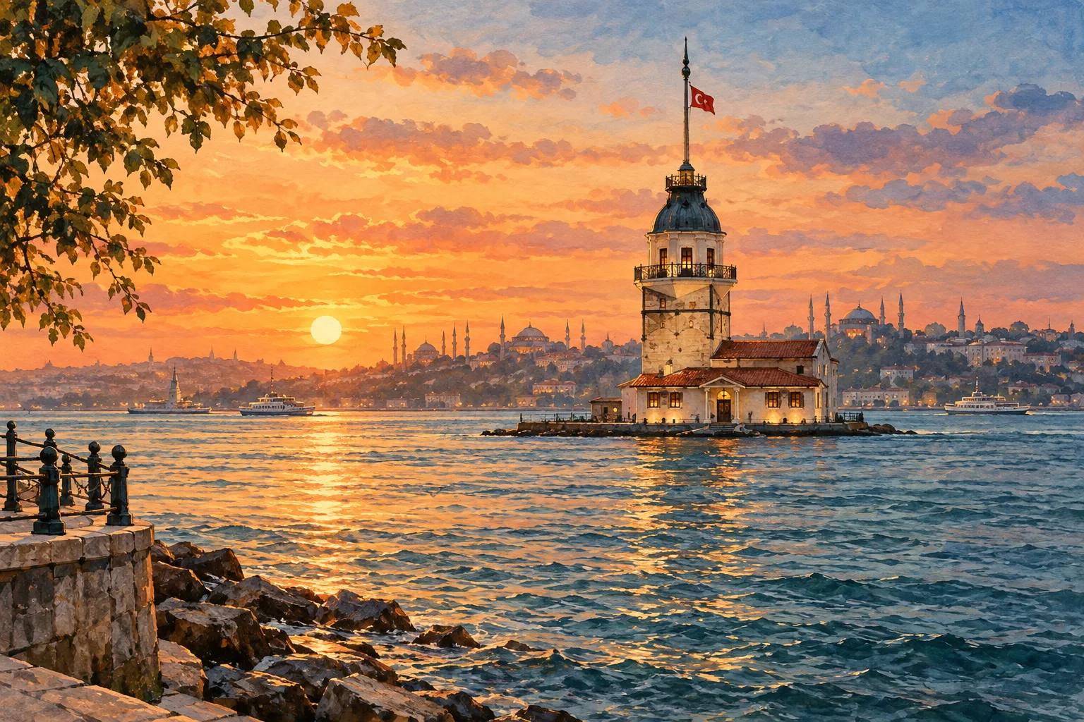 Salacak’tan Kız Kulesi’ne gün batımı manzarasını yorumlayan illüstrasyon