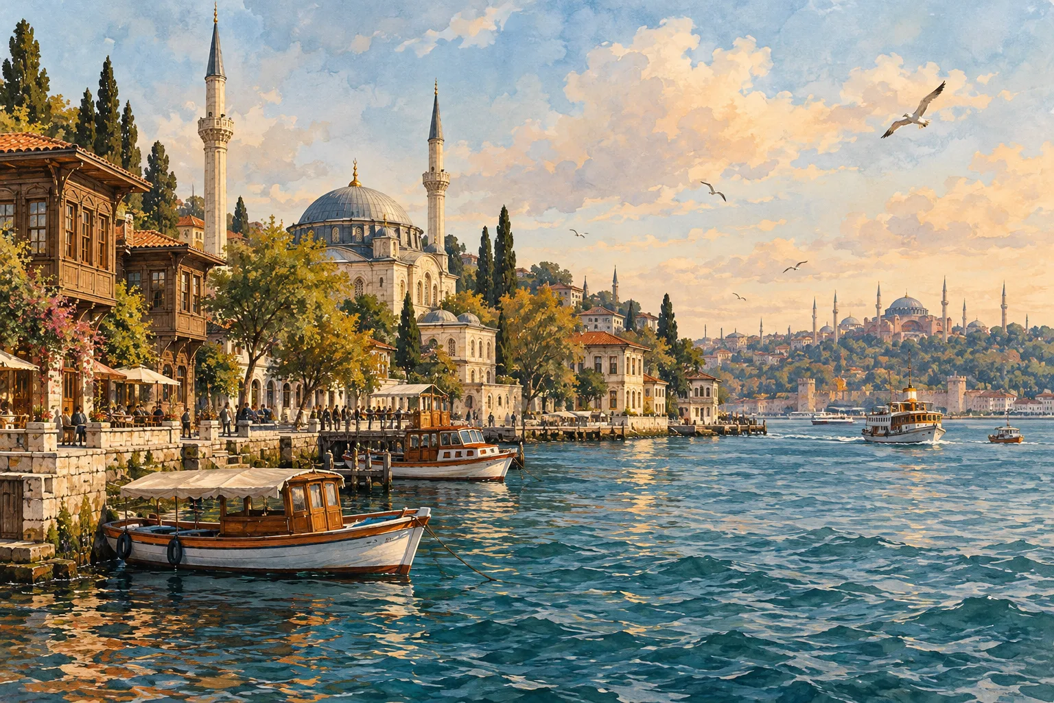 Eski Üsküdar kıyısını hayal eden tarih temalı illüstrasyon