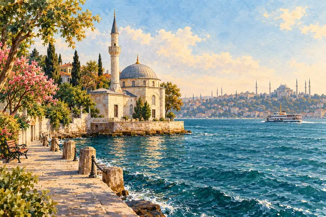 Üsküdar sahili ve tarihî cami siluetini anlatan seyahat illüstrasyonu