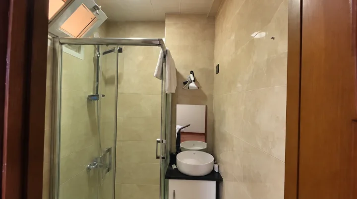 Duş kabini, lavabo ve ayna bulunan banyo